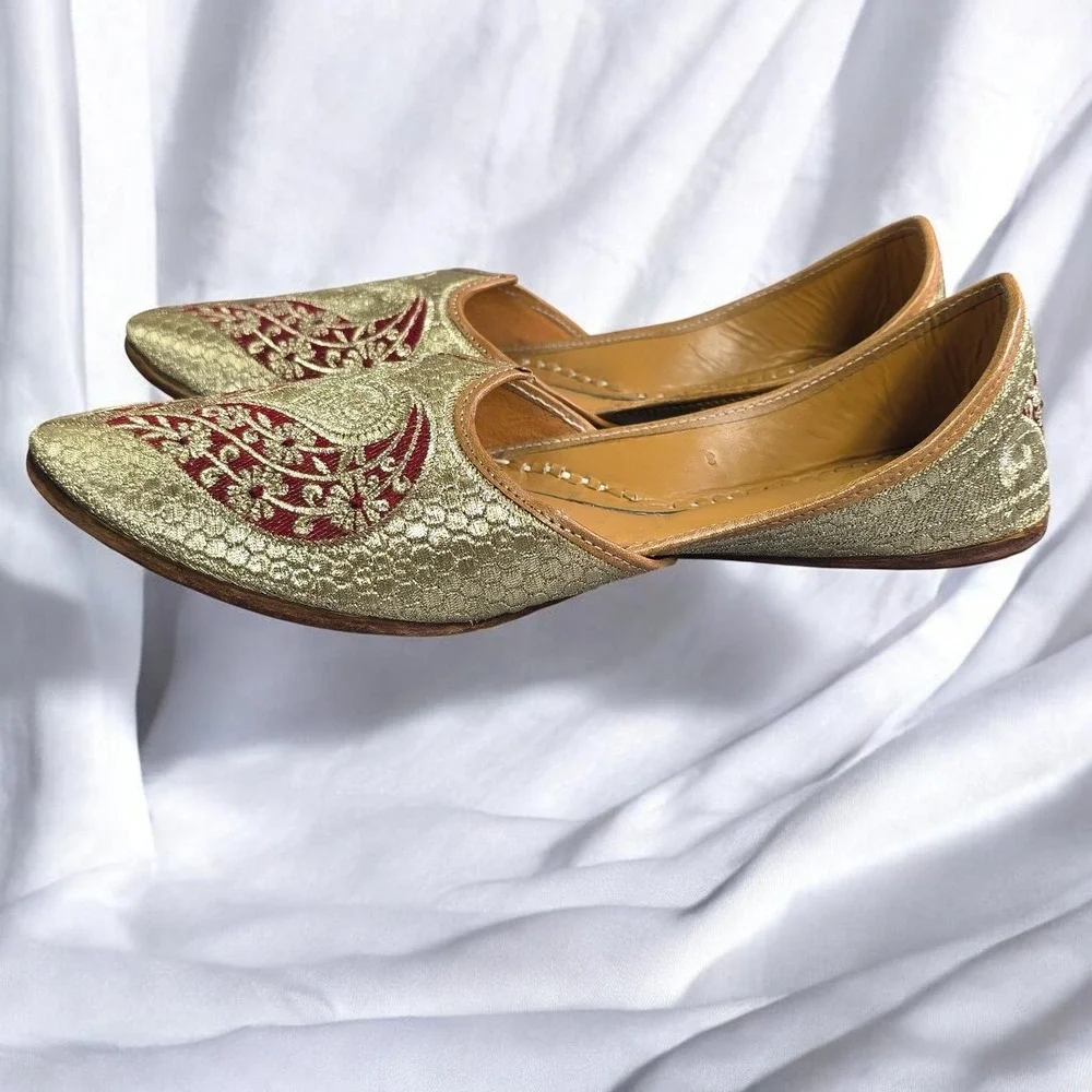 Jutti Khussa Shoes Size‎ 6 Mens Gold Red Heart Embroidered Leather 10.5 Insole